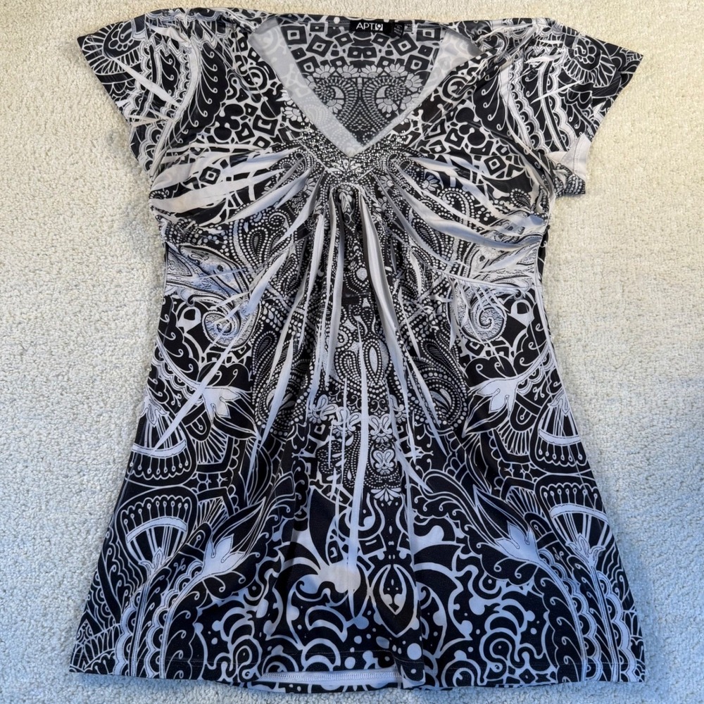 APT 9 Black‎ and White Print Short Sleeve Blouse Women's Size Petite Large